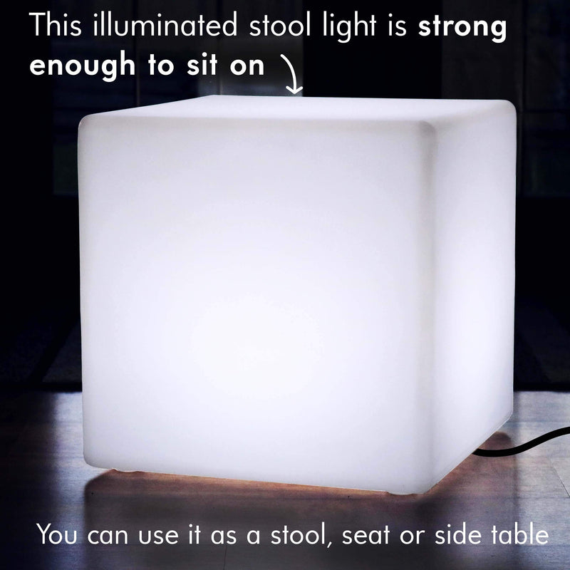 Large 60cm LED Cube Stool Seat, Geometric Floor Lamp, Mains Powered, White E27 Bulb Fitted